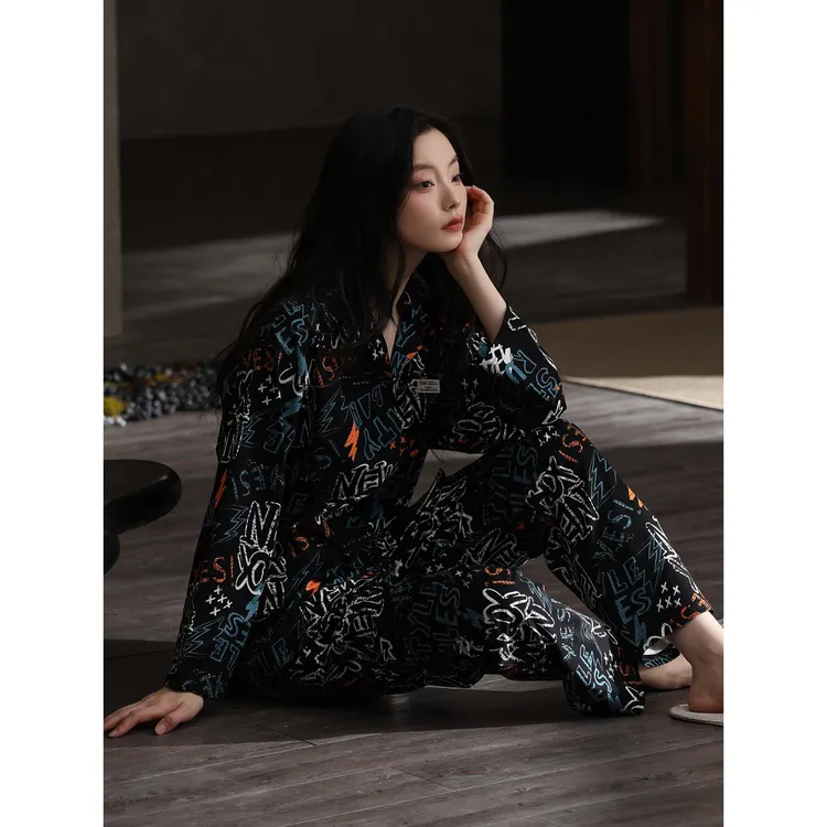 SUAM RUO睡衣女款春秋季纯棉长袖字母套装秋冬天柔软棉女士家居服