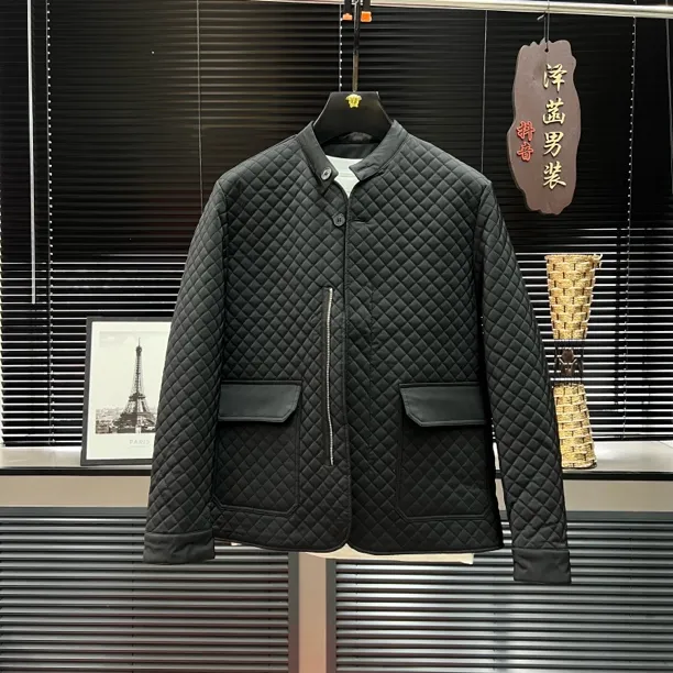 男士秋冬新款菱格立领时尚休闲百搭薄棉服外套
