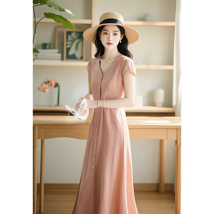 粉色V领连衣裙女中长款2025夏季高端简单大方松弛感收腰显瘦A字裙