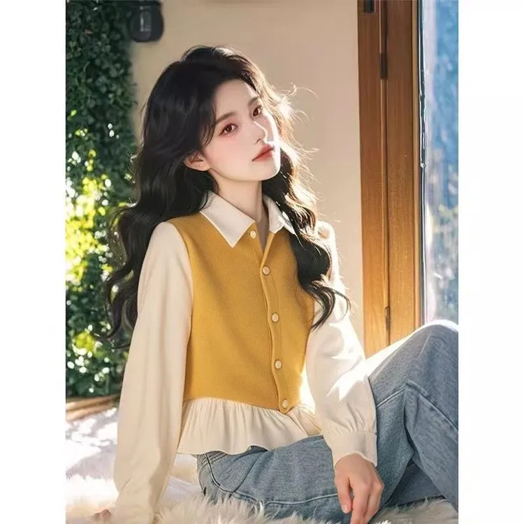 黄色拼接荷叶边衬衫女2025春季新款洋气设计感小众别致假两件上衣