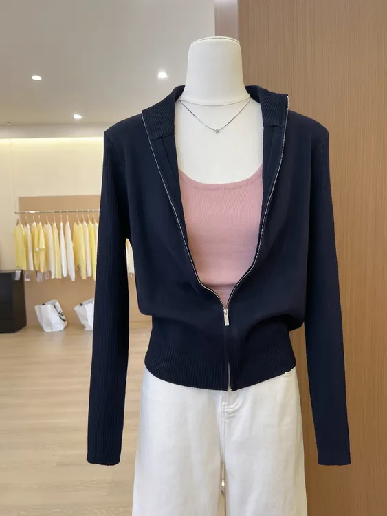 美式立领拉链针织开衫外套女秋冬外穿修身短款藏青色毛衣内搭上衣