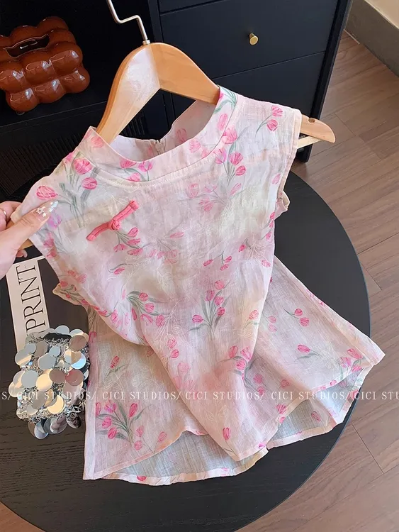 粉色新中式提花立领无袖衬衫女2025夏季新款气质绝美轻薄显瘦背心