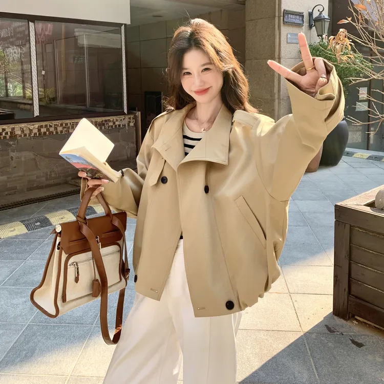 卡其色韩系时髦洋气风衣外套女2025秋季新款小个子通勤设计感上衣