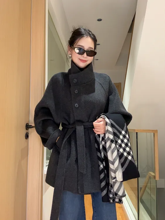 立领系带短款双面羊毛大衣女韩系高领宽松秋冬毛呢外套上衣女A688