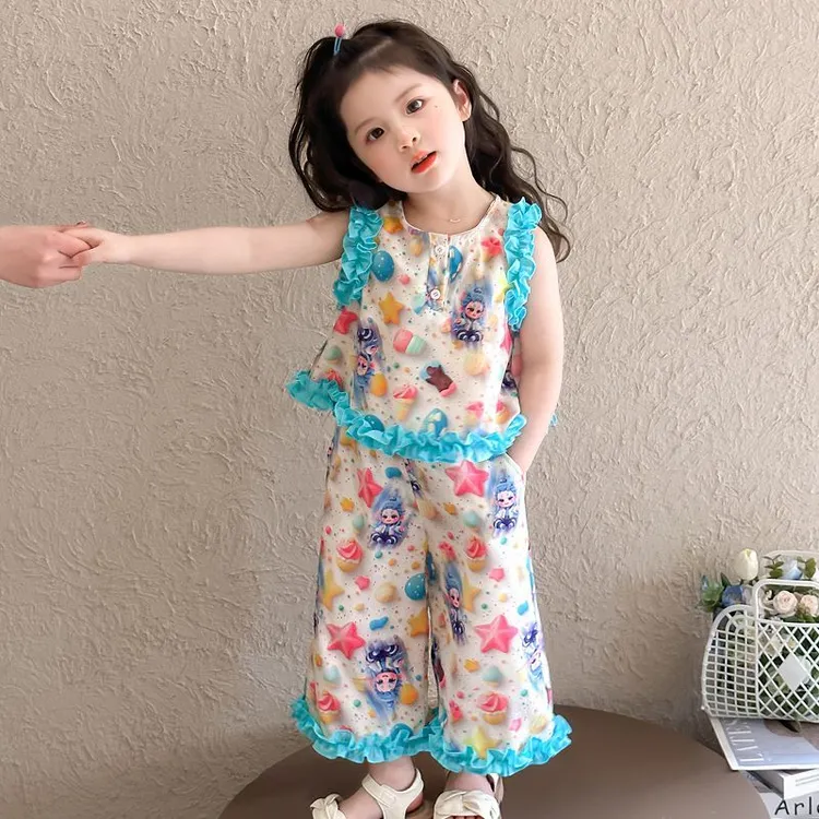 女童夏季套装2025新款小童网红炸街儿童夏背心洋气宝宝敖丙两件套