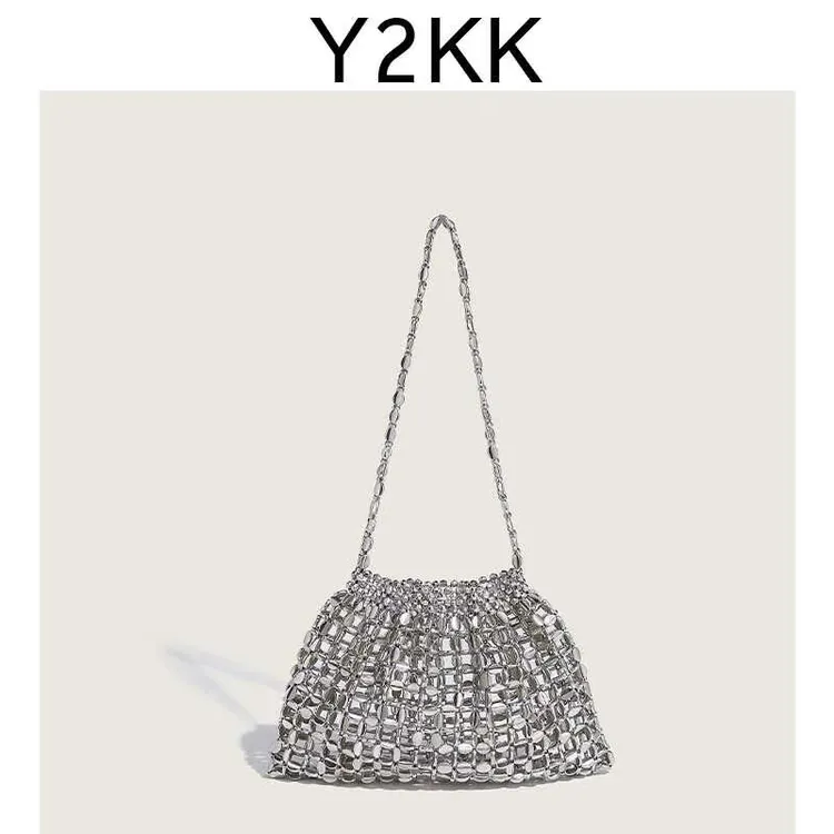Y2KK复古新款银色闪亮亮片单肩手提包包包手工编织串珠腋下192