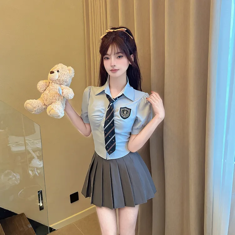 蓝色领带衬衫短袖上衣高腰百褶半裙夏季jk制服学院风套装