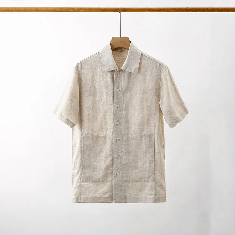 夏季薄款亚麻短袖衬衫男士宽松休闲复古翻领T恤亚麻半袖透气衬衣