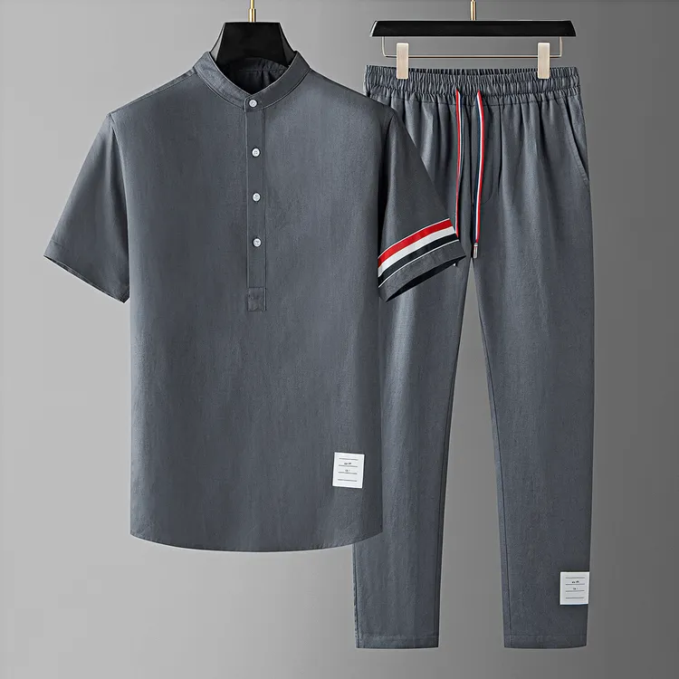 约蒂宾弗夏季中国风亨利领两件套透气棉麻宽松短袖运动休闲套装男