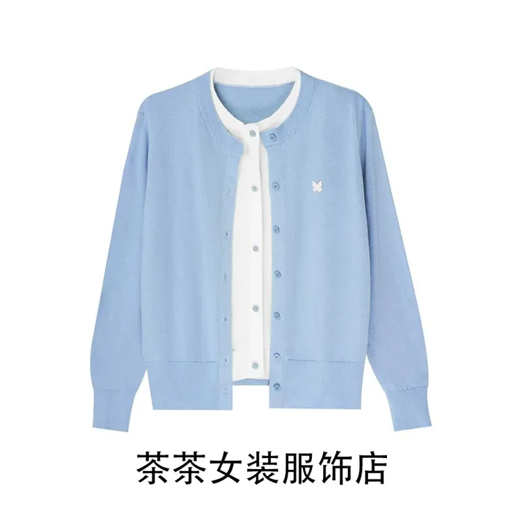 韩版时尚休闲百搭针织衫女2025年春季新款气质圆领假两件毛衣开衫