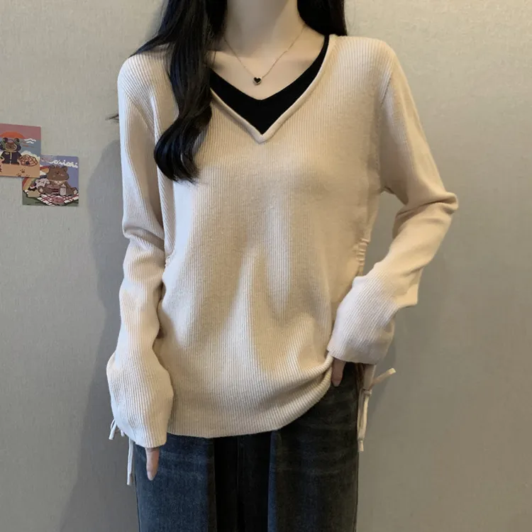 2025女装新款假两件显瘦针织衫遮肚子宽松V领上衣潮