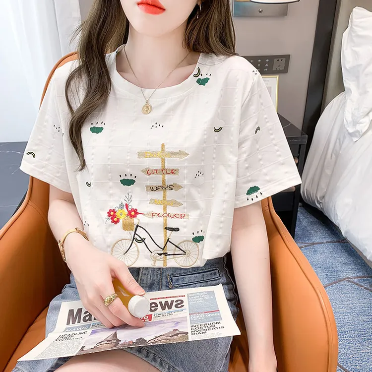 贵系白色短袖t恤女新款潮2025夏季衣服宽松刺绣印花女士体恤上衣