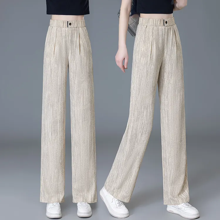 夏季薄款冰丝窄版阔腿裤女款爆款2025新款松紧高腰垂感直筒休闲裤