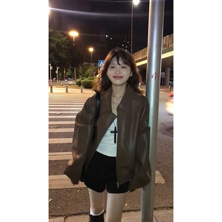 复古皮衣外套女港风秋季新款高级宽松美式机车夹克高腰显瘦短裤