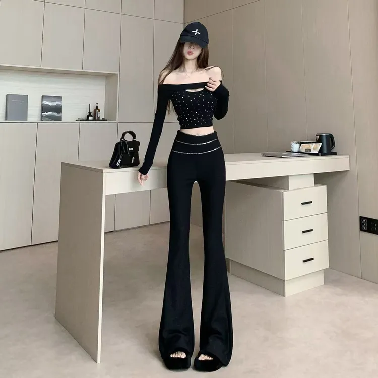 重工字母西装微喇裤女新款高腰显瘦修身设计感马蹄裤休闲喇叭裤潮