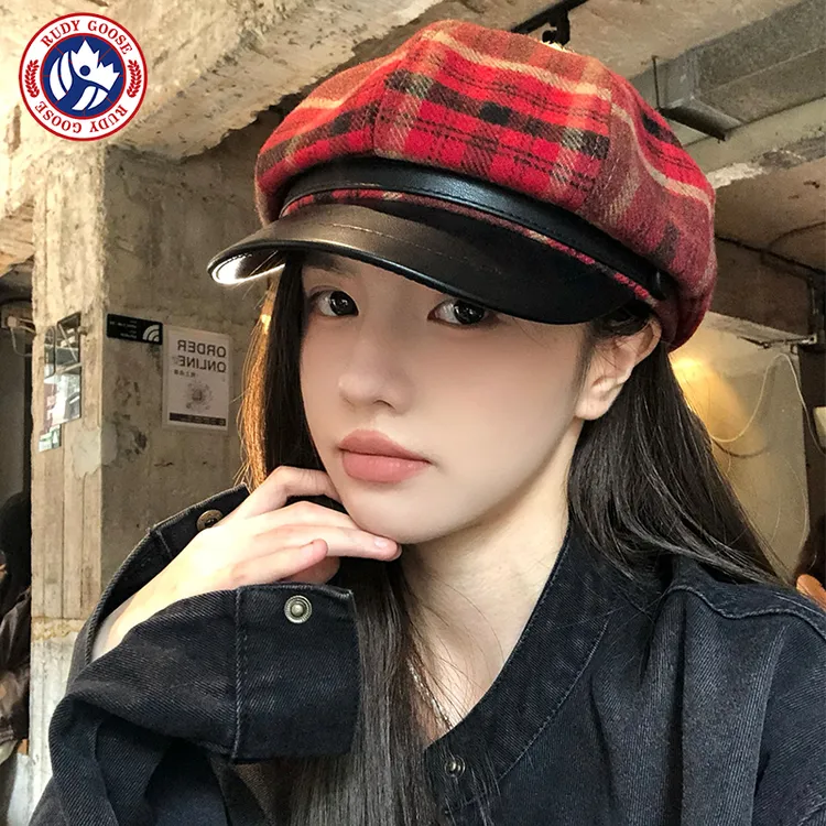 RUDY GOOSE格子毛呢八角帽女秋冬季新款英伦复古贝雷帽复古报童帽