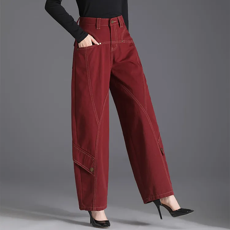酒红色休闲裤大码高腰阔腿灯笼裤春秋梨型身材宽松显瘦老爹萝卜裤