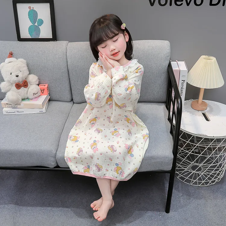女童睡裙纯棉2025新款小女孩长袖纱布家居裙公主风裙子儿童睡衣裙