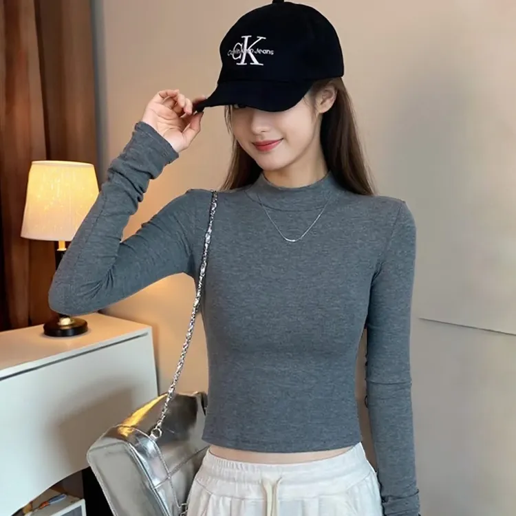 黑色半高领双面绒秋冬洋气加绒短款打底衫长袖女加厚高级显瘦上衣