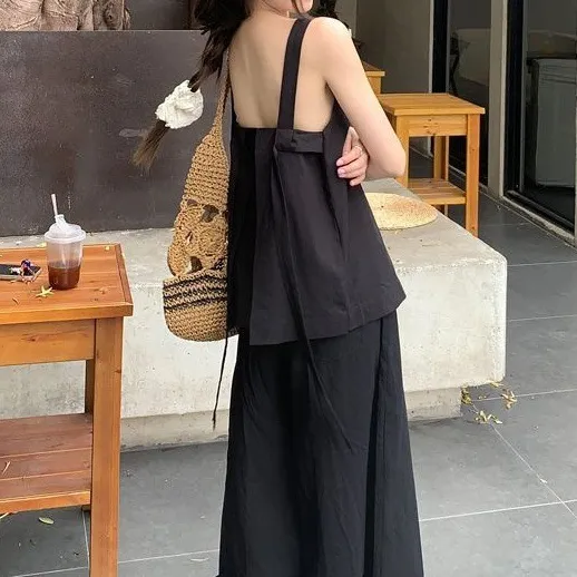 套装吊带显瘦阔腿裤夏季韩版百搭时尚韩系辣妹风2025夏季黑色高腰