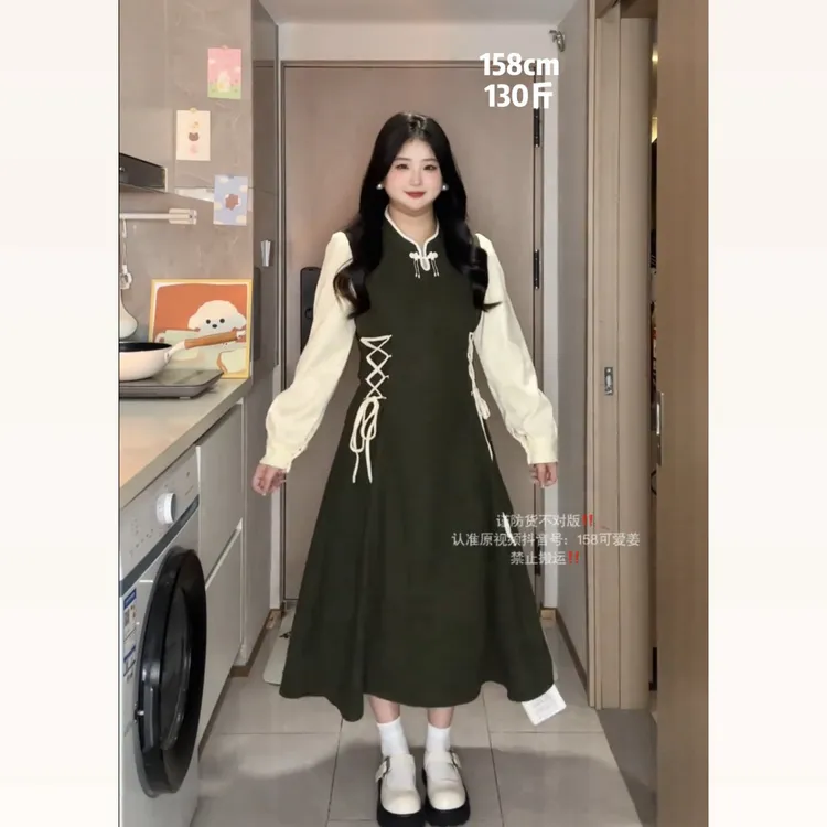 大码胖mm新中式设计感收腰长袖连衣裙秋冬复古盘扣气质A字裙