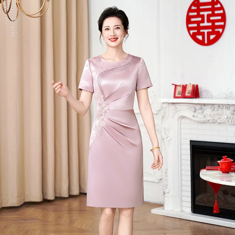 【香芋紫+酒红】小个子妈妈礼服裙进口三醋酸不开叉喜婆婆婚宴敬酒Y