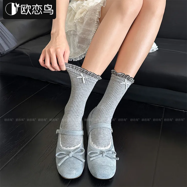 【欧恋鸟】日系可爱少女袜夏季薄款格子花边蝴蝶结lolita灰色中筒袜