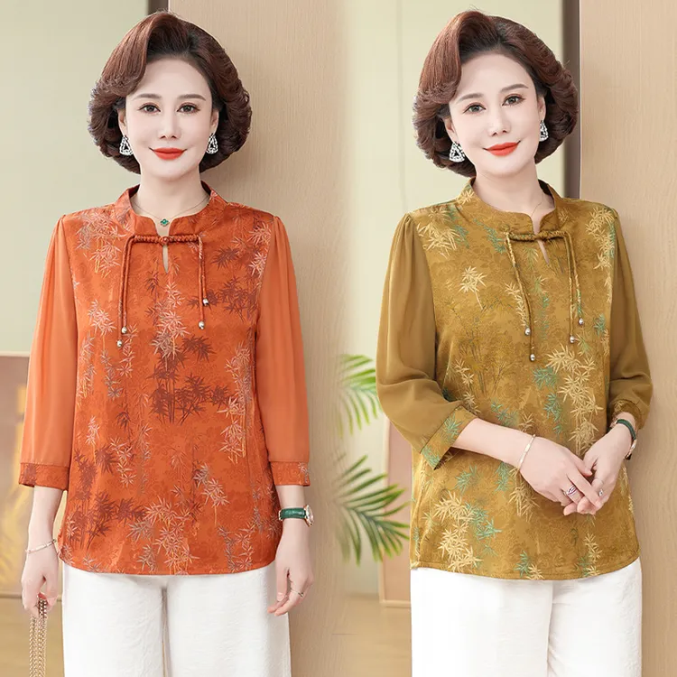 夏季妈妈装七分袖打底上衣2025新中式气质中老年女装复古洋气小衫