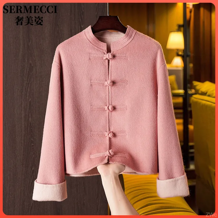 轻国风冬季粉色复古盘扣立领双面时尚大衣高品质毛呢短外套女