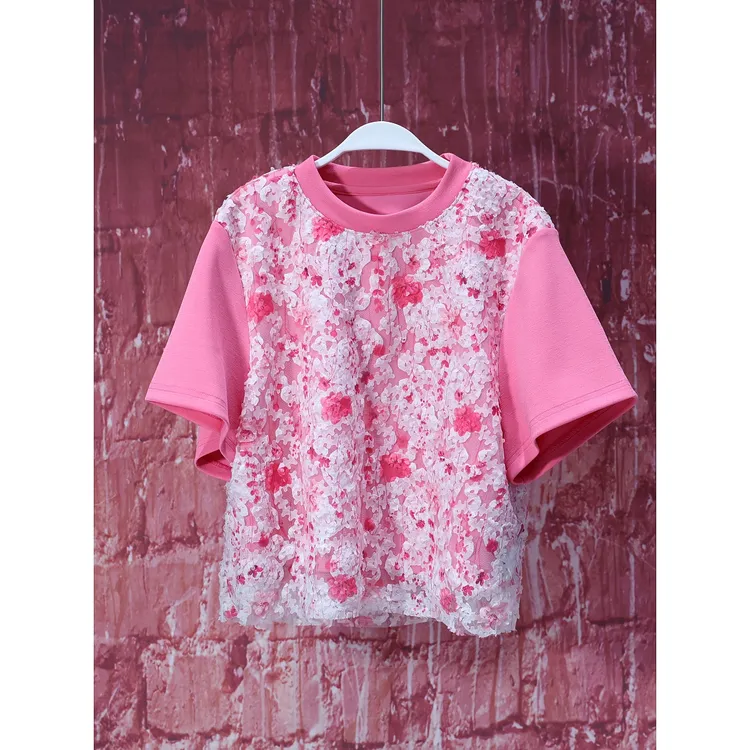 【韩哥女装】冰凉一夏 贵妃粉蕾丝拼接时尚短款T恤7569