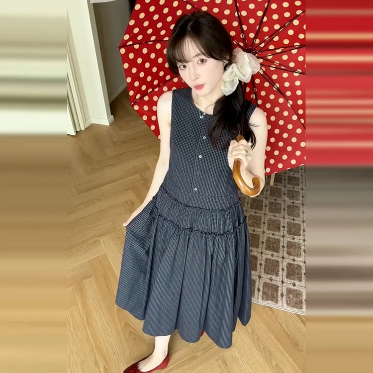 【清仓+运补5米】夏季2025收腰格子长裙蓝色无袖背心连衣裙子女3676