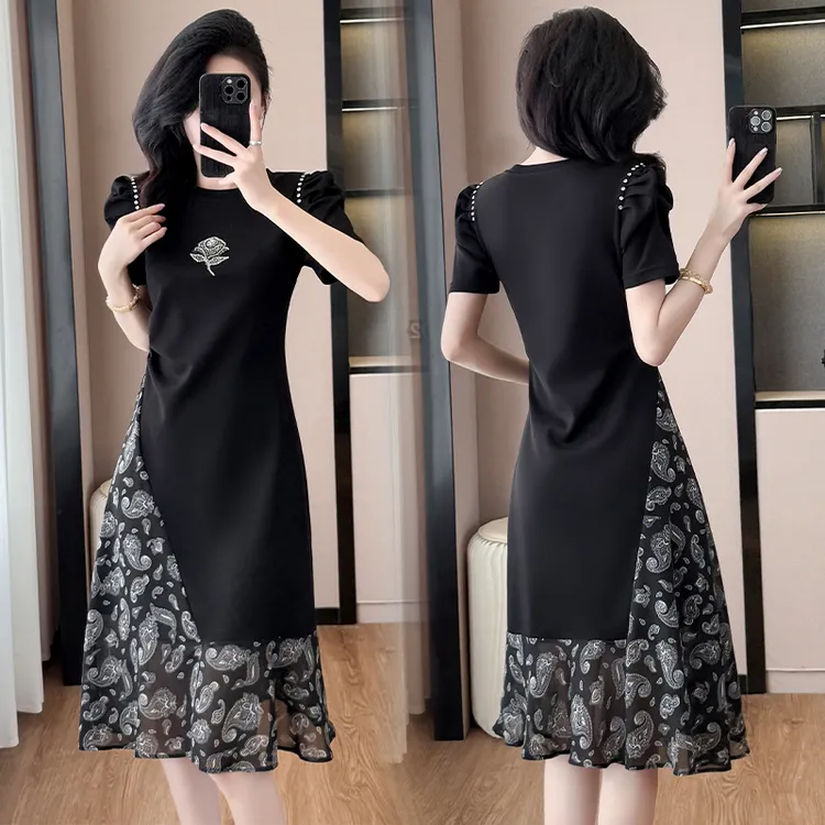高级感轻奢连衣裙女2025夏季气质收腰显瘦设计感t恤裙改良旗袍