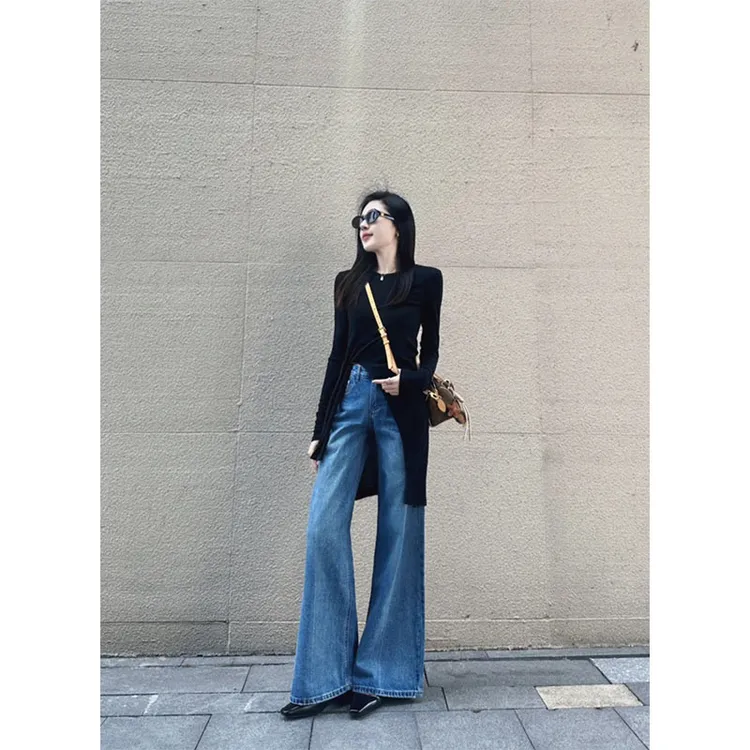 韩系简约时尚休闲百搭设计感长袖上衣高腰修身显瘦宽松阔腿裤长裤