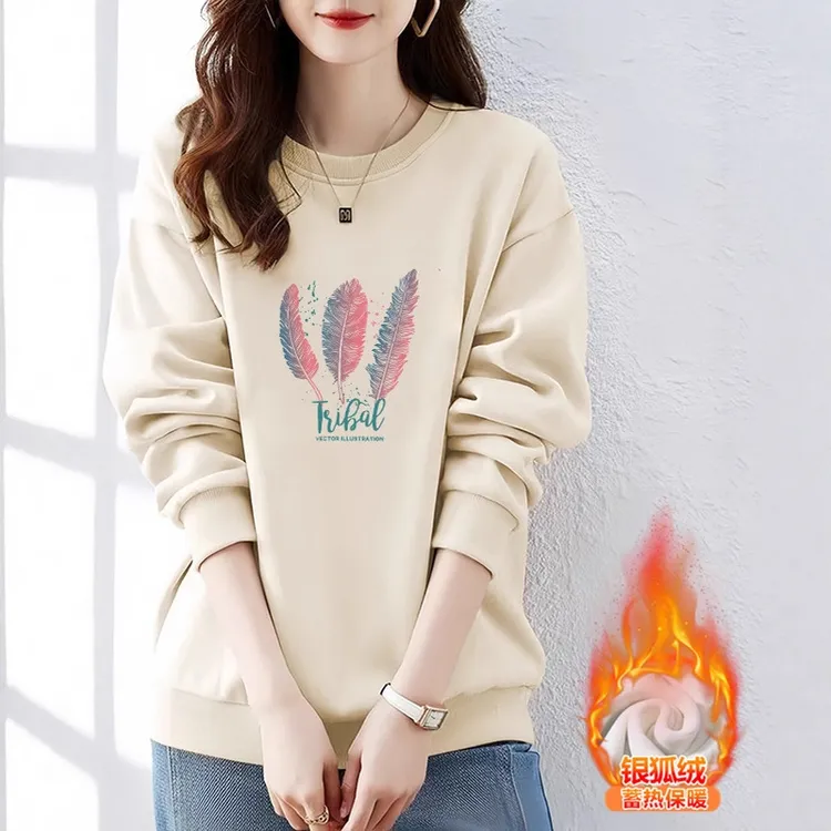 韩版时尚圆领卫衣女士2025春秋新款大码冬季加绒加厚宽松显瘦上衣