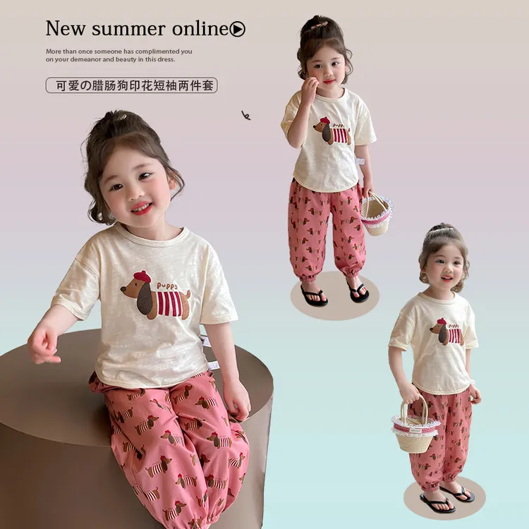 韩版夏季新款女童腊肠狗卡通T恤短袖防蚊裤休闲洋气爆款套装宽松