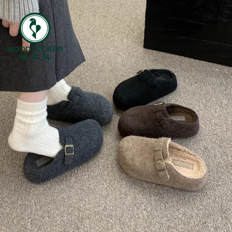 啄木鸟增高厚底勃肯包头半拖鞋新款法式松糕毛毛拖鞋女外穿穆勒鞋