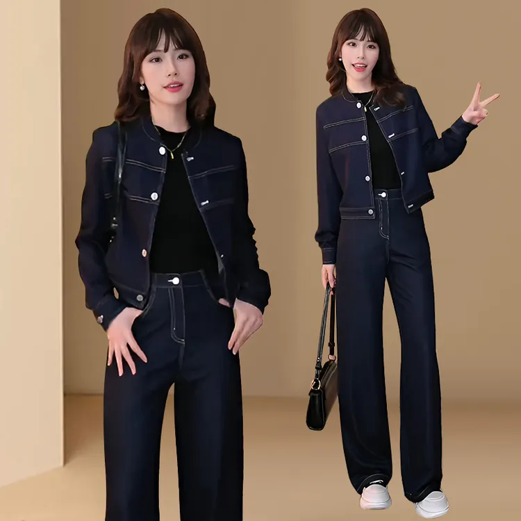 时尚套装女春秋新款洋气质减龄显瘦圆领短款外套阔腿裤两件套潮