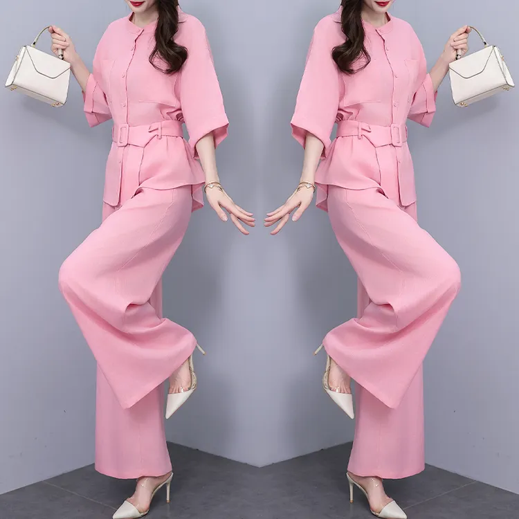 高端粉色时尚减龄套装2025夏季新款高腰阔腿裤女神范洋气两件套潮