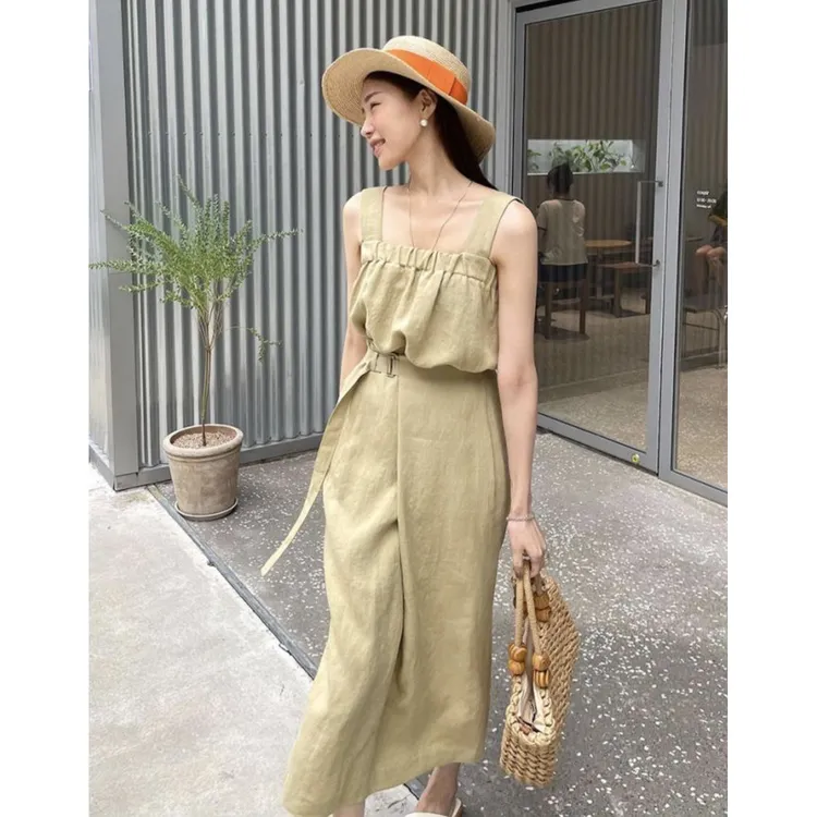 夏季设计感小众吊带上衣+高腰开叉宽松半身裙显瘦套装气质小个子