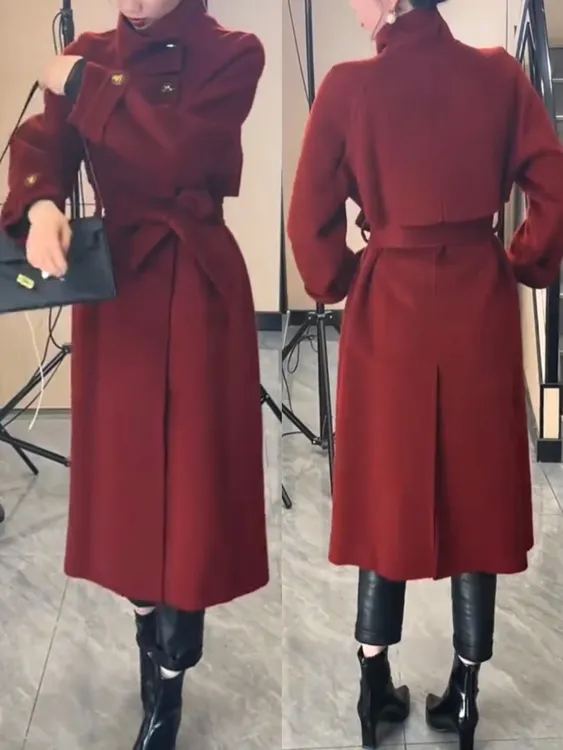 冬季新款双面羊毛呢子外套时尚赫本风宽松显瘦百搭长款立领大衣