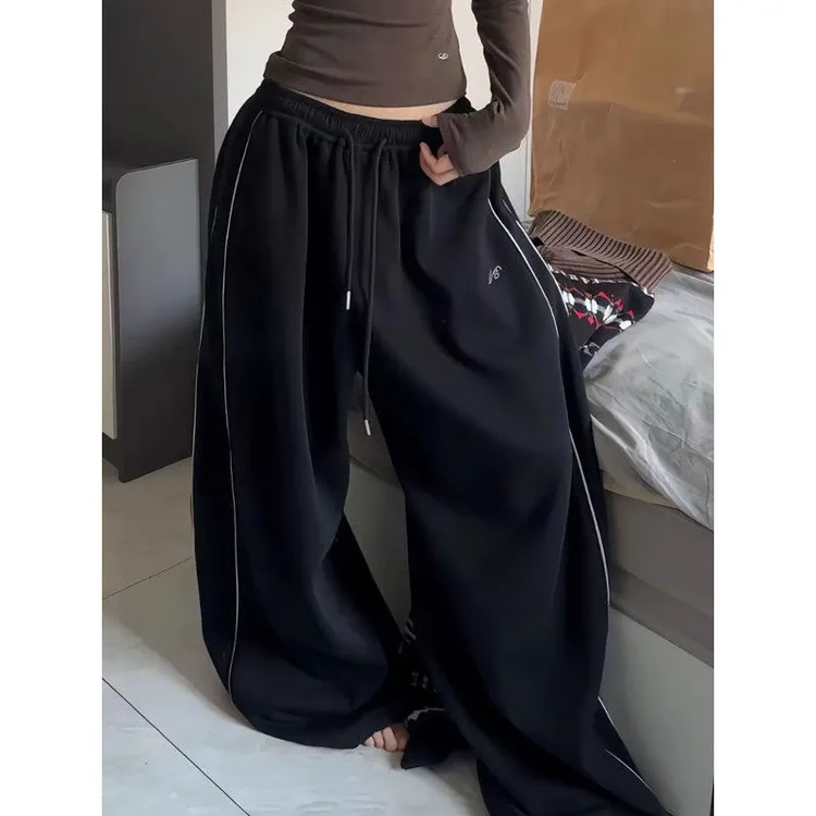 美式复古宽松舞蹈运动裤2025秋冬新款bella风侧条纹休闲阔腿裤子