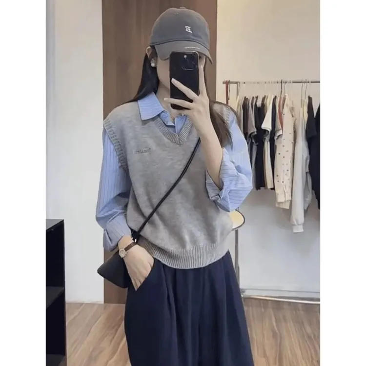 时尚假两件条纹拼接针织长袖衬衫女秋季新款休闲学院风叠穿上衣潮