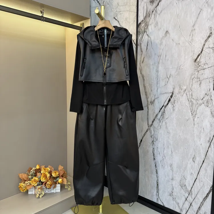 2025秋冬欧货设计个性假两件拼接上衣+抽绳裤子套装2613