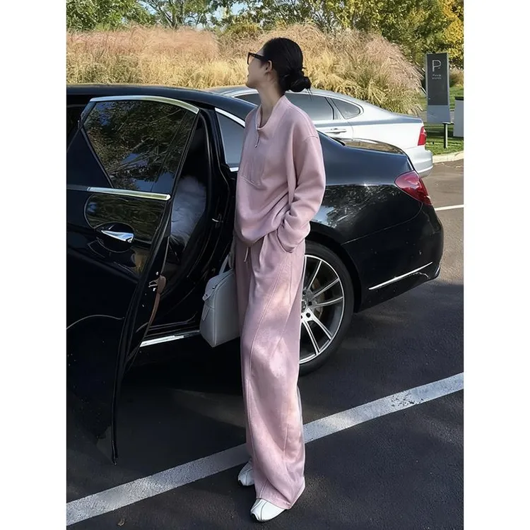 韩系一整套深冬穿搭韩系小香风休闲运动粉色立领卫衣阔腿裤套装女