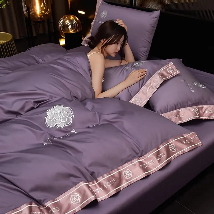 富安娜高端200支双股长绒棉四件套棉棉刺绣被套床单床笠款床用品4