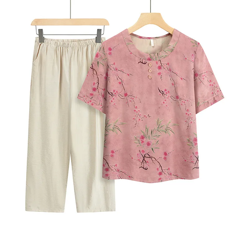 中老年人夏季新款女奶奶短袖妈妈圆领印花两件套老人太太宽松衣服