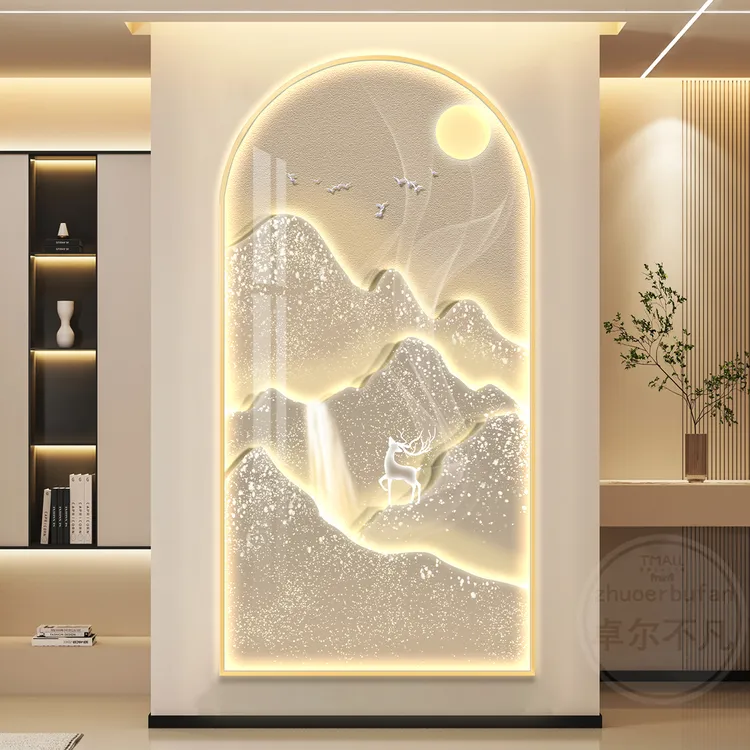 轻奢入户玄关拱形装饰画流水生财山水画走廊挂画现代高级感壁灯画