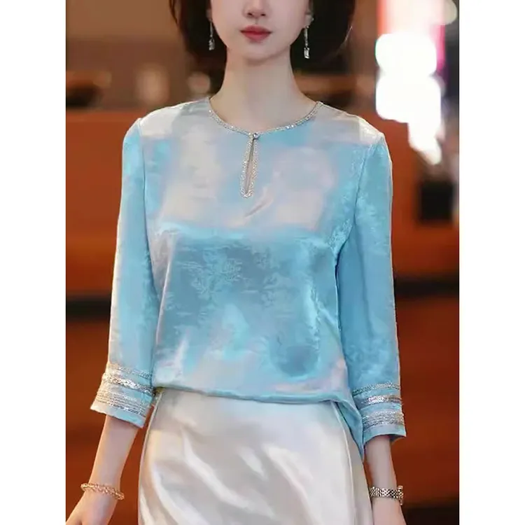 国风高级感天蓝色提花圆领衬衫女2025秋季新款气质时髦超好看上衣
