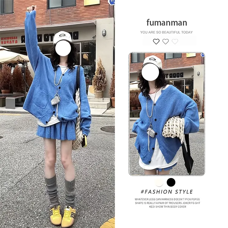 秋季套装女2025新款韩系克莱因蓝V领长袖针织开衫高腰短裙两件套