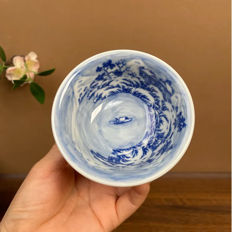 【九茗珍藏】满绘雪景山水压手主人杯100cc 手工手绘景德镇茶具
